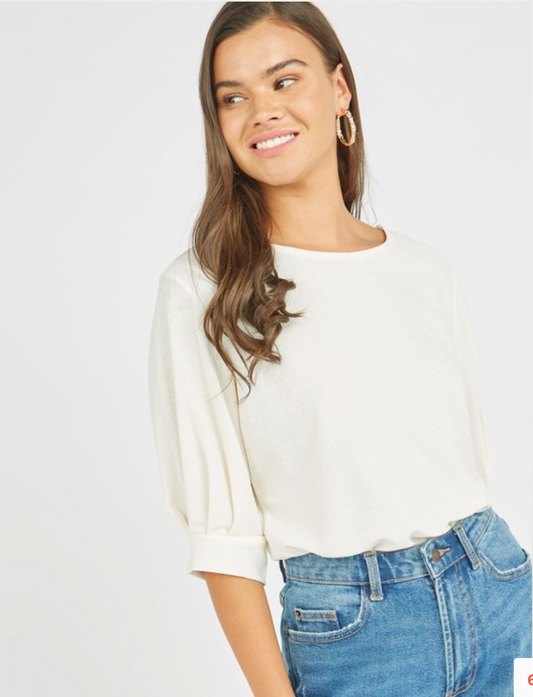 Textured Top with Round Neck and Puffed Sleeves