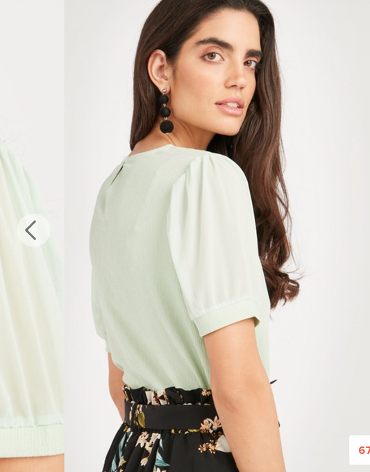Textured Top with Round Neck and Sheer Sleeves in Green Colour