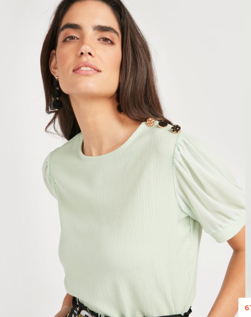 Textured Top with Round Neck and Sheer Sleeves in Green Colour