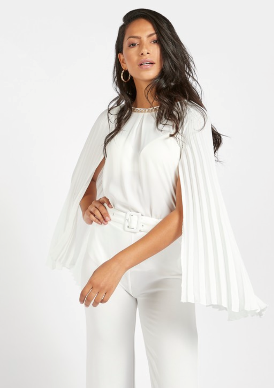 Solid Shell Top with Pleated Cape and Metallic Chain