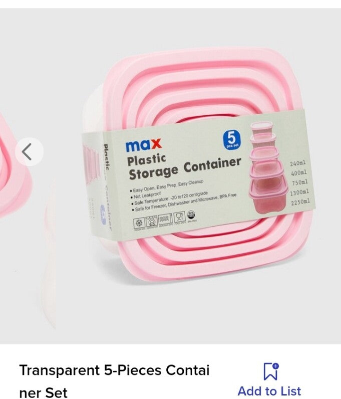 Set of 5 Plastic Food Containers in Pink Colour