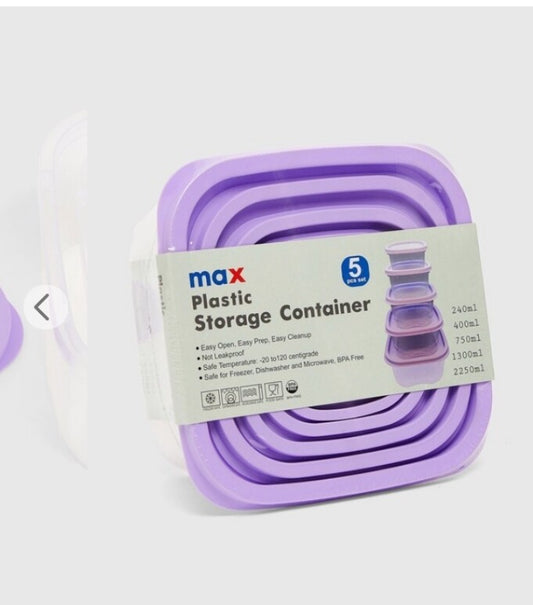 Set of 5 Plastic Food Containers in Purple Colour
